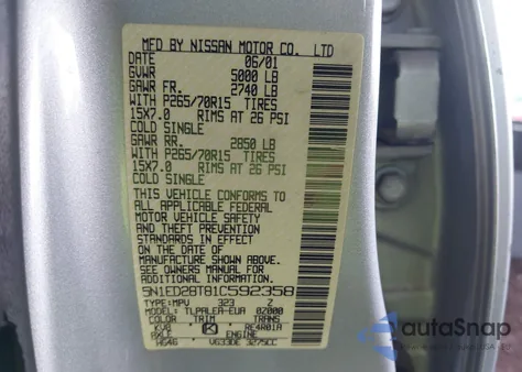 2001 Nissan Xterra Xe-V6 from USA, damaged, VIN 5N1ED28T81C592358